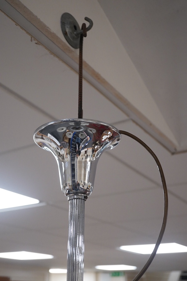 A French Art Deco chrome plated five arm chandelier with original shades, circa 1920’s-1930’s, wired, overall 80cm high, 73cm wide. Condition - good